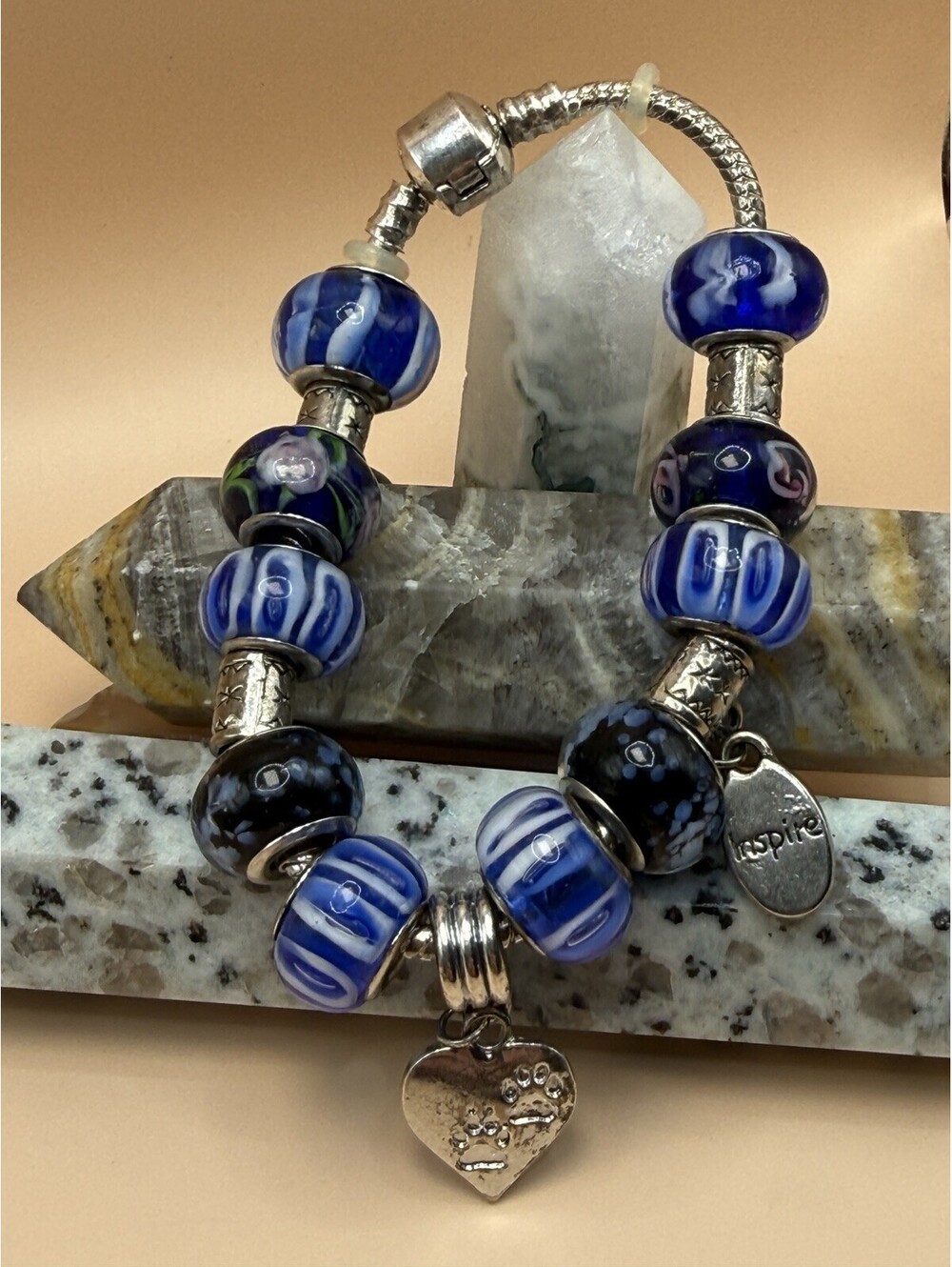 6” Sterling Silver 925 Snake Chain Charm Bracelet with Blue Glass Beads, 46g